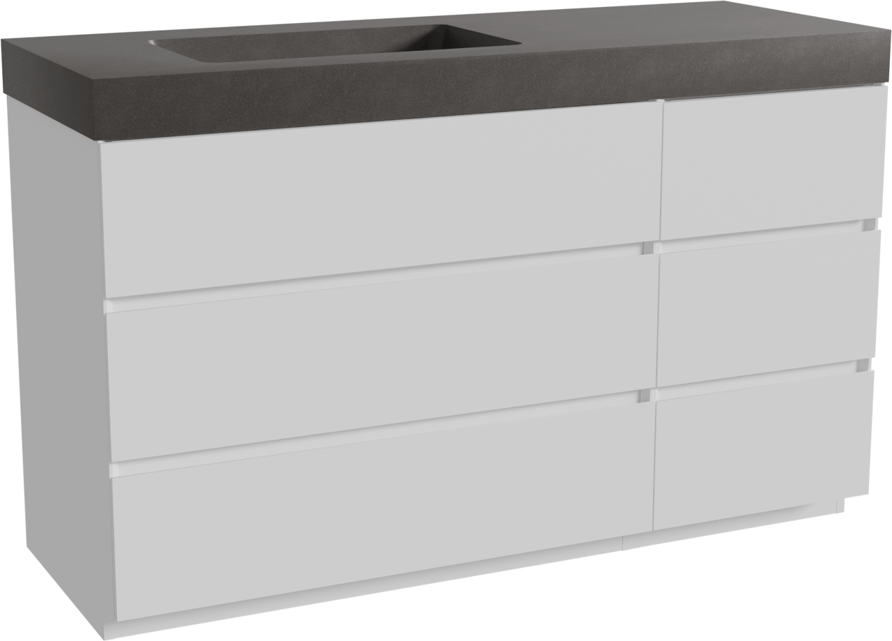 Storke Edge staand badmeubel 140 x 52 cm mat wit met Scuro High asymmetrisch linkse wastafel in kwarts mat zwart