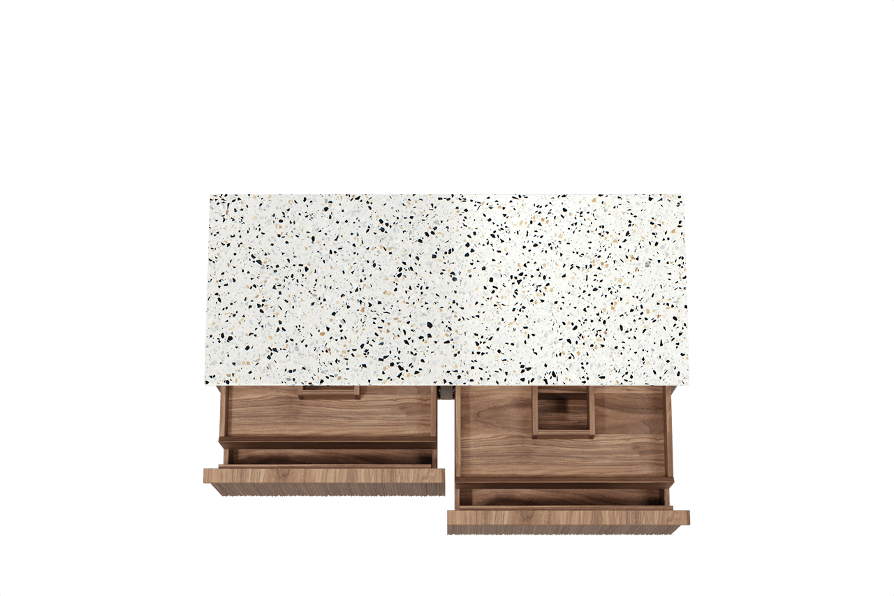Balmani Forma meuble salle de bains suspendu 135 x 55 cm noyer américain avec Stretto tablette simple ou double en blanc/noir mat terrazzo, Nervure circulaire asymétrique verticale