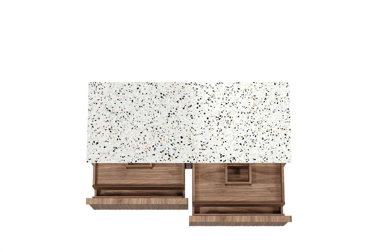 Balmani Forma zwevend badkamermeubel 135 x 55 cm amerikaanse notelaar met Stretto enkel of dubbel tablet in mat wit/zwart terrazzo, Verticale asymmetrische ronde ribbel
