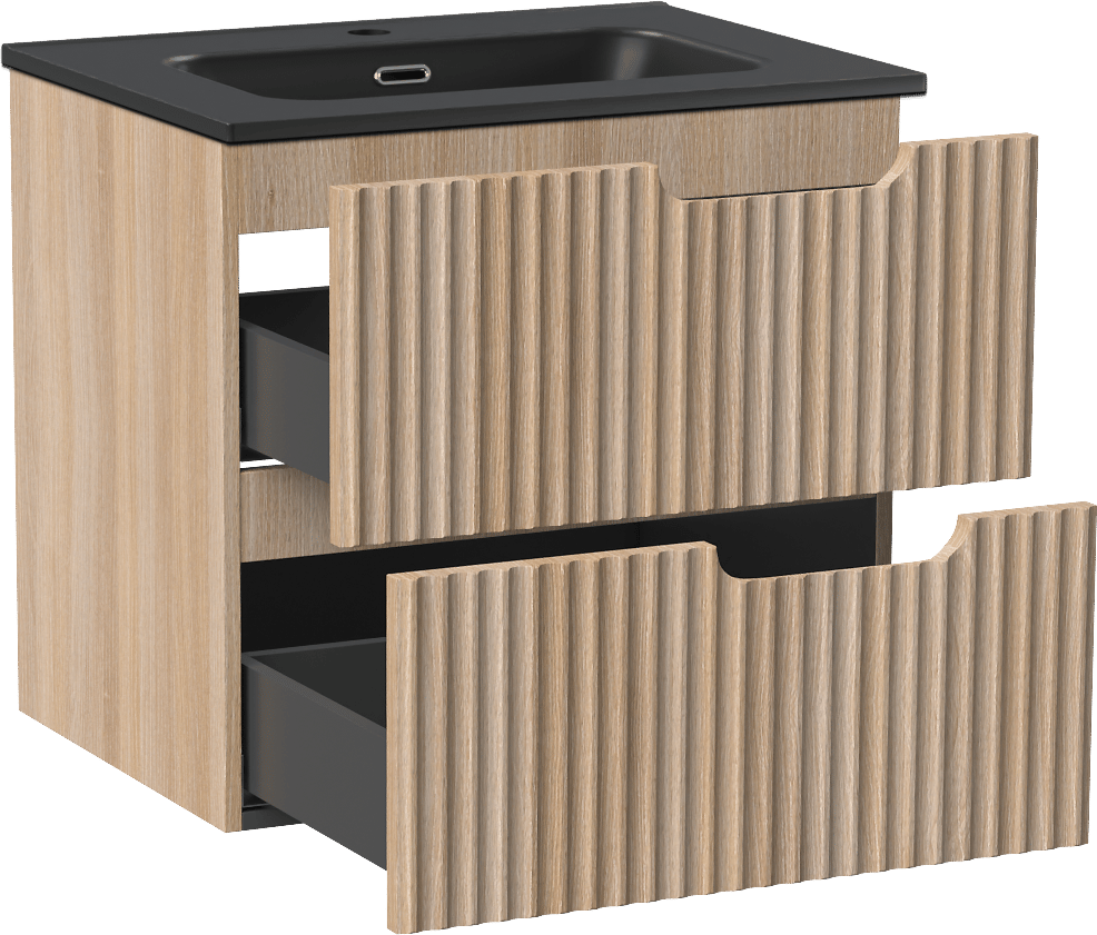 Linie Ribbo hängendes Möbelstück Set: 60 x 46 cm, Helle Eiche, mit Baro Einzelwaschtisch, Porzellan, Schwarz matt, Vertikale symmetrische runde Rippe