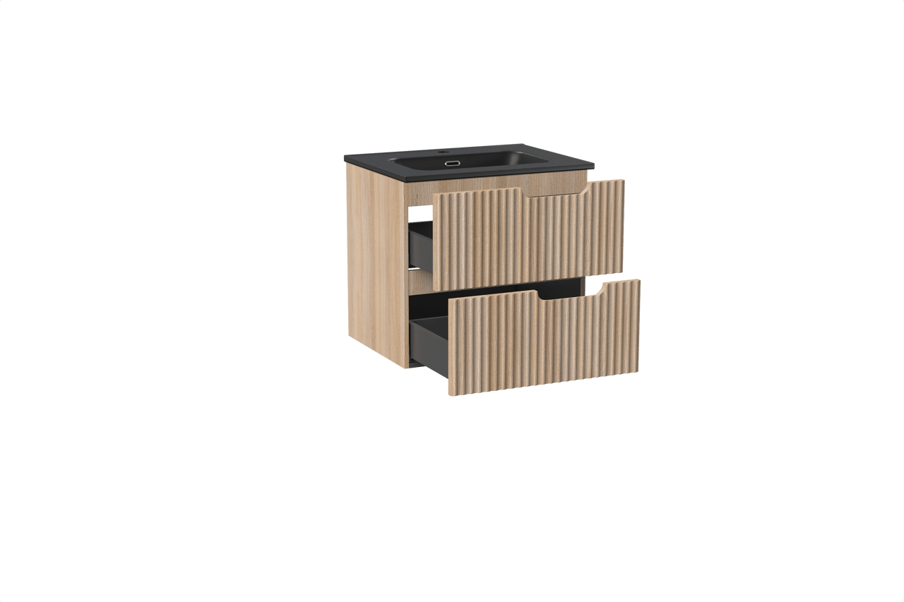 Linie Ribbo meuble salle de bains suspendu 60 x 46 cm chêne clair avec Baro plan simple en porcelaine noir mat, Nervure circulaire symétrique verticale