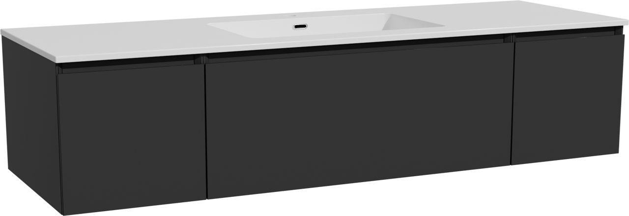 Storke Edge hängendes Möbelstück Set: 155 x 52 cm, Schwarz matt, mit Diva Einzelwaschtisch, Marmorkomposit Weiß glänzend
