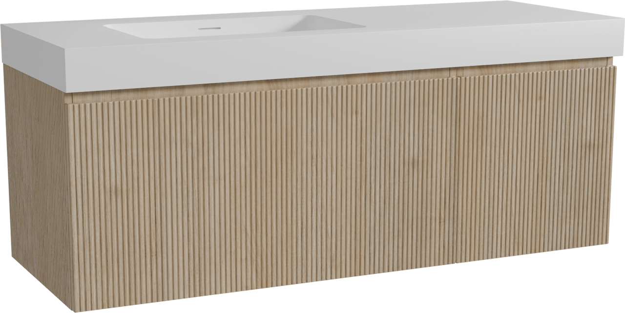 Storke Ribs hängendes Möbelstück Set: 140 x 52 cm, Rohe Eiche, mit Mata High Waschtisch links, Solid Surface, Weiß matt, Vertikale symmetrische gerade Rippe
