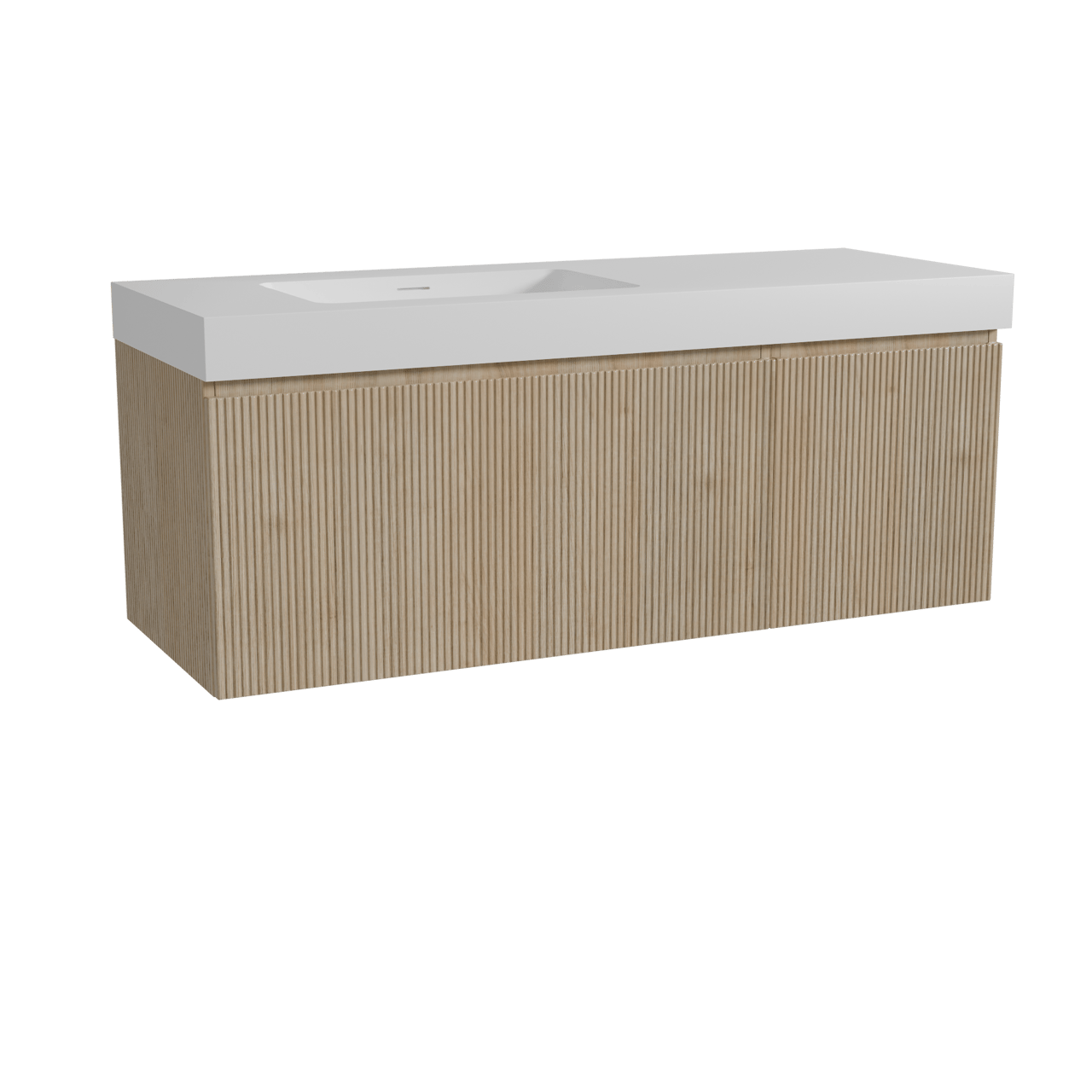 Storke Ribs meuble salle de bains suspendu 140 x 52 cm chêne brut avec Mata High vasque asymétrique gauche en solid surface blanc mat, Nervure droite symétrique verticale