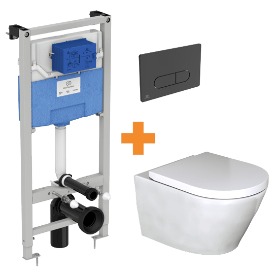 Luca Varess Calibro WC suspendu et abattant medio blanc brillant sans bride avec bâti-support et Ideal Standard Oleas M1 noir mat plaque de commande gratuit