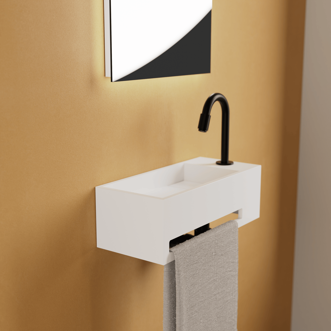 Balmani Mood High fonteintje 36 x 18 cm Mat Witte Solid Surface met handdoekhouder