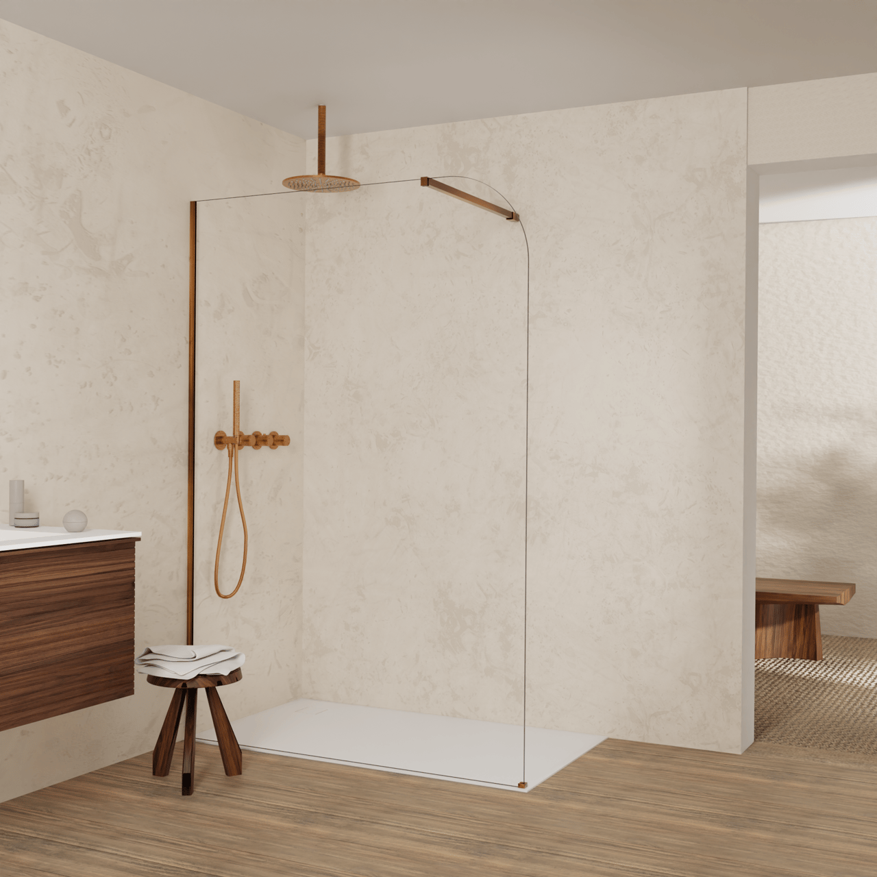 Balmani Modular douche à l'italienne: 140 x 200 cm, Verre transparent arrondi, Profil Brushed Rosegold