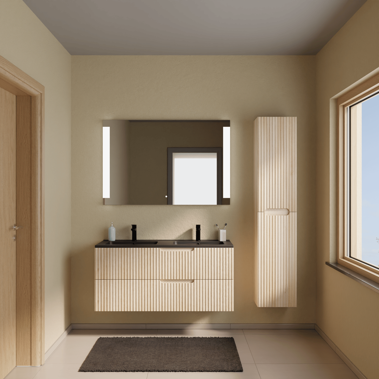 Linie Ribbo zwevend badmeubel 120 x 46 cm licht eiken met Vano dubbele wastafel in composietmarmer mat zwart, Verticale symmetrische ronde ribbel