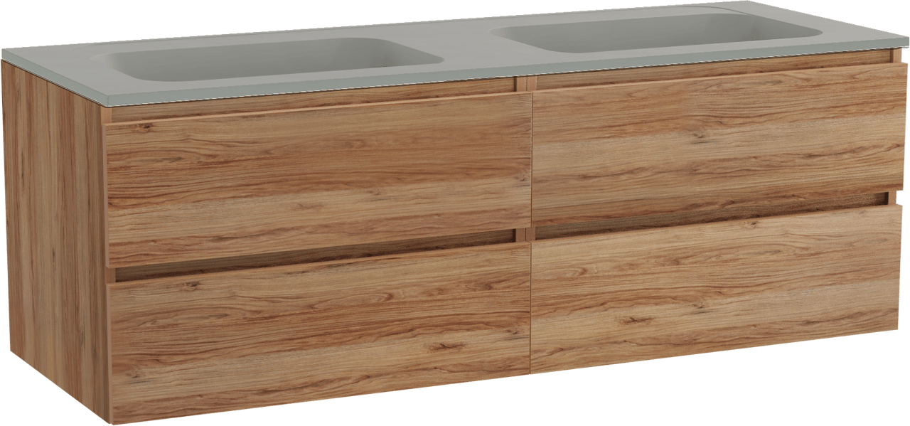 Balmani Lucida meuble salle de bains suspendu 150 x 55 cm teck avec Tablo Strada double vasque en marbre composite soie grise