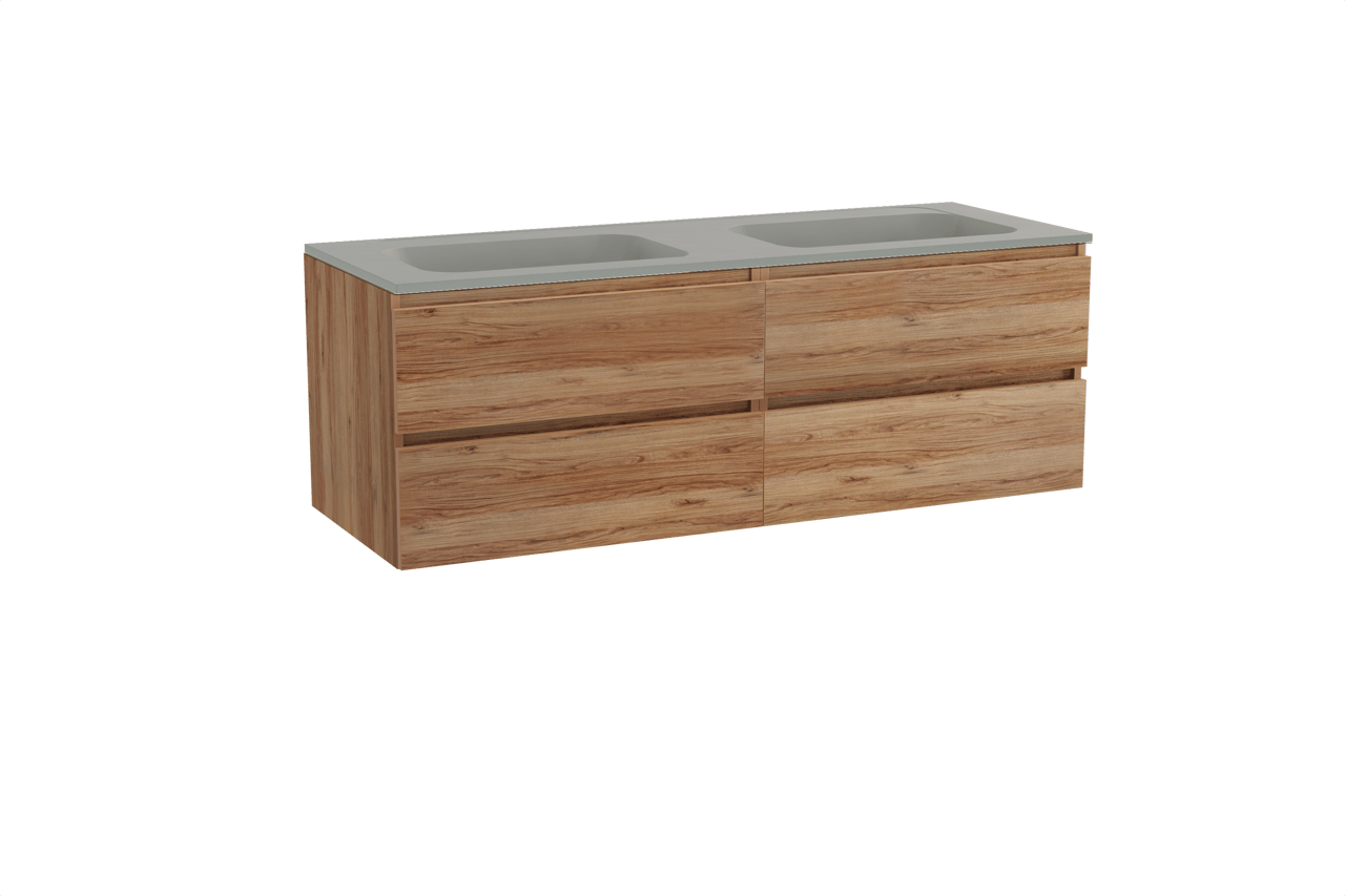 Balmani Lucida zwevend badkamermeubel 150 x 55 cm teak met Tablo Strada dubbele wastafel in composietmarmer zijdegrijs