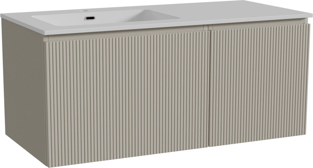 Storke Ribs zwevend badmeubel 110 x 52 cm zijdegrijs met Diva asymmetrisch linkse wastafel in composietmarmer hoogglans wit, Verticale symmetrische rechte ribbel