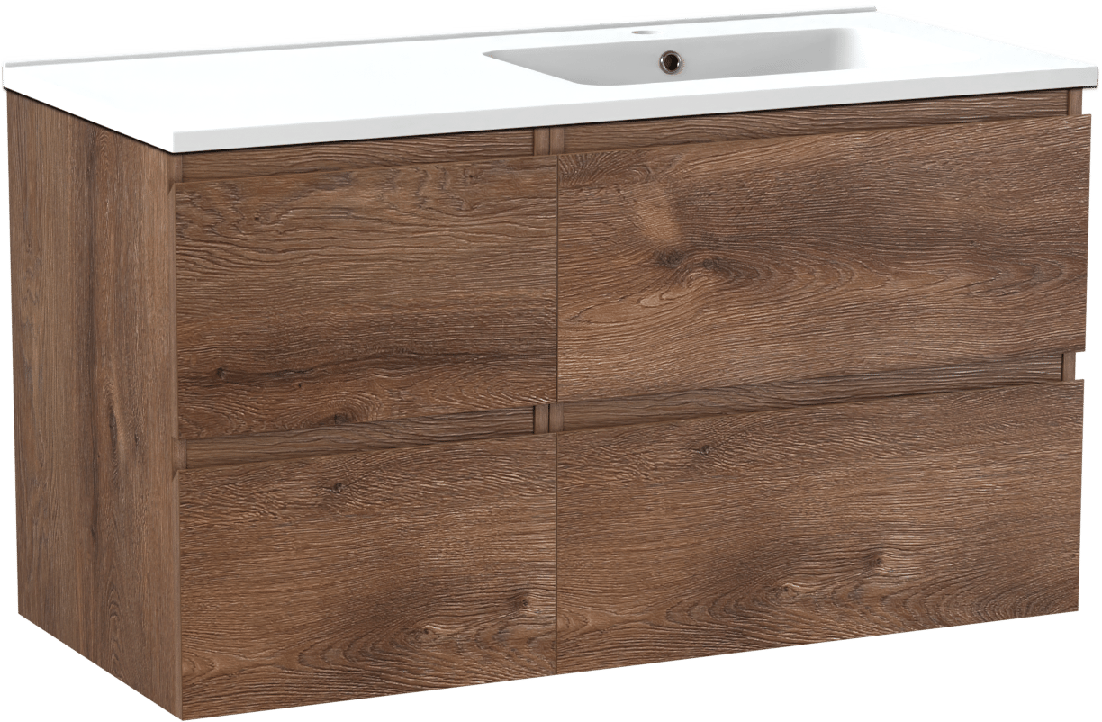 Linie Lado zwevend badkamermeubel 100 x 46 cm bruine eik met Vano asymmetrisch rechtse wastafel in composietmarmer mat wit