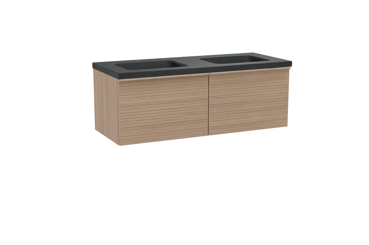 Balmani Forma zwevend badkamermeubel 135 x 55 cm natuur eik met Napoli dubbele wastafel in graniet zwart, Horizontale symmetrische rechte ribbel