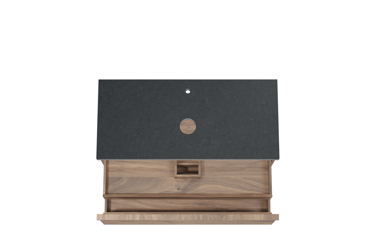 Balmani Forma hängendes Möbelstück Set: 120 x 55 cm, Amerikanischer Nussbaum, mit Rock Einzel Waschtischplatte, Granit, Schwarzes Granit, Horizontale symmetrische gerade Rippe