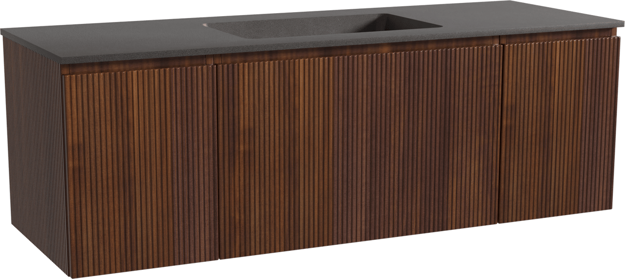 Storke Ribs zwevend badmeubel 145 x 52 cm notenhout met Scuro enkele wastafel in kwarts mat zwart, Verticale symmetrische rechte ribbel