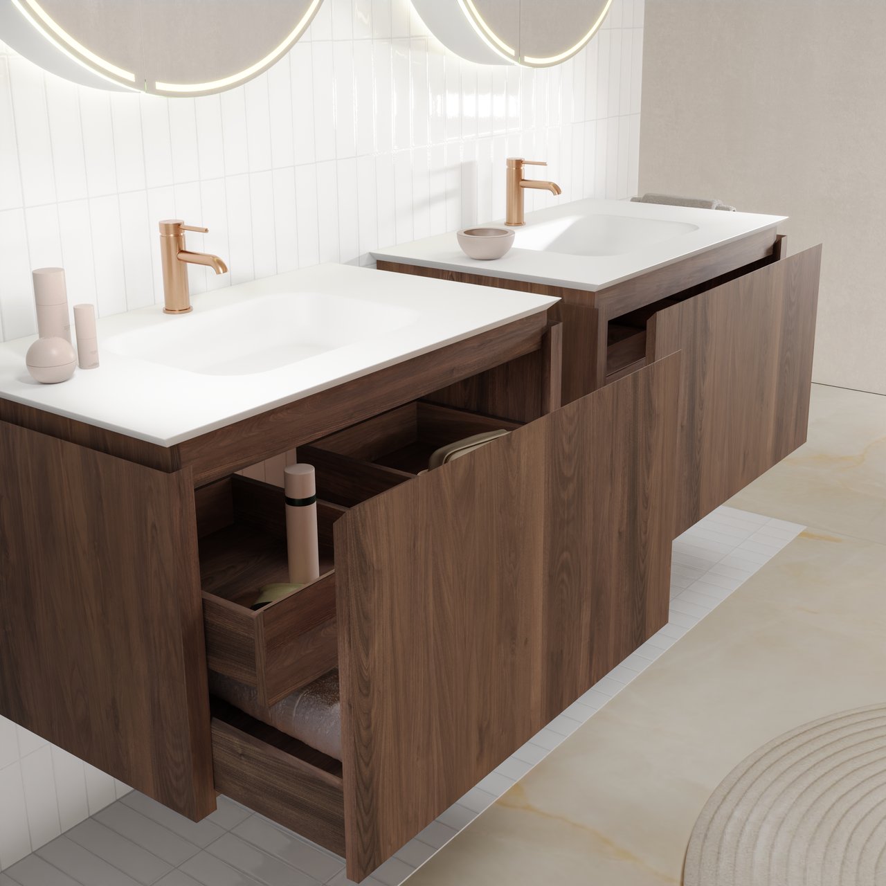 Balmani Eclips meuble salle de bains suspendu 90 x 55 cm Noyer américain avec Eclips plan simple en Solid Surface blanc mat