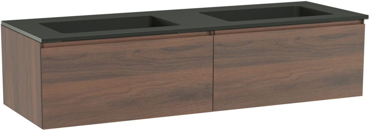 Storke Edge zwevend badmeubel 150 x 52 cm notenhout met Scuro dubbele wastafel in kwarts mat zwart