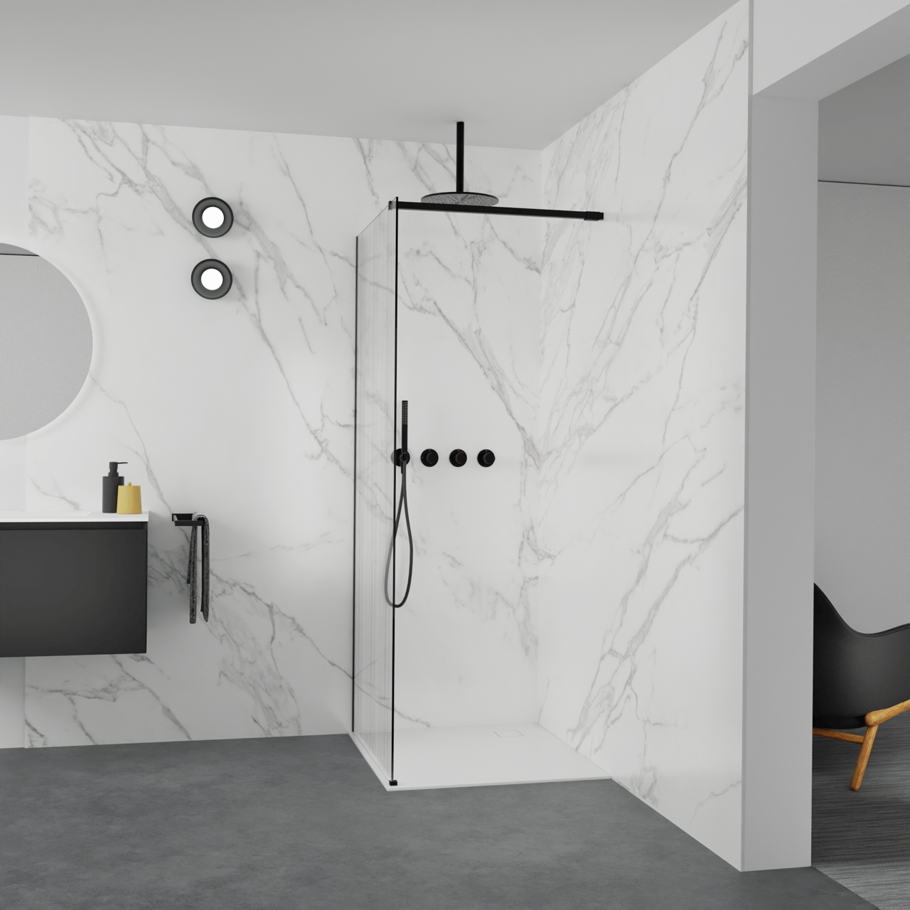 Balmani Modular Walk-In Dusche: 90 x 200 cm, Mikado, inklusive Coating, Profil Schwarz matt