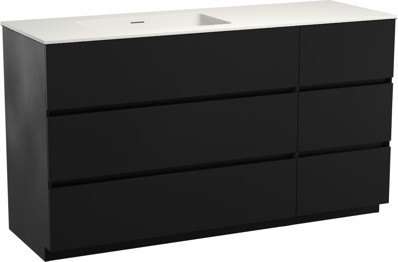 Storke Edge staand badmeubel 150 x 52 cm mat zwart met Mata asymmetrisch linkse wastafel in matte Solid Surface