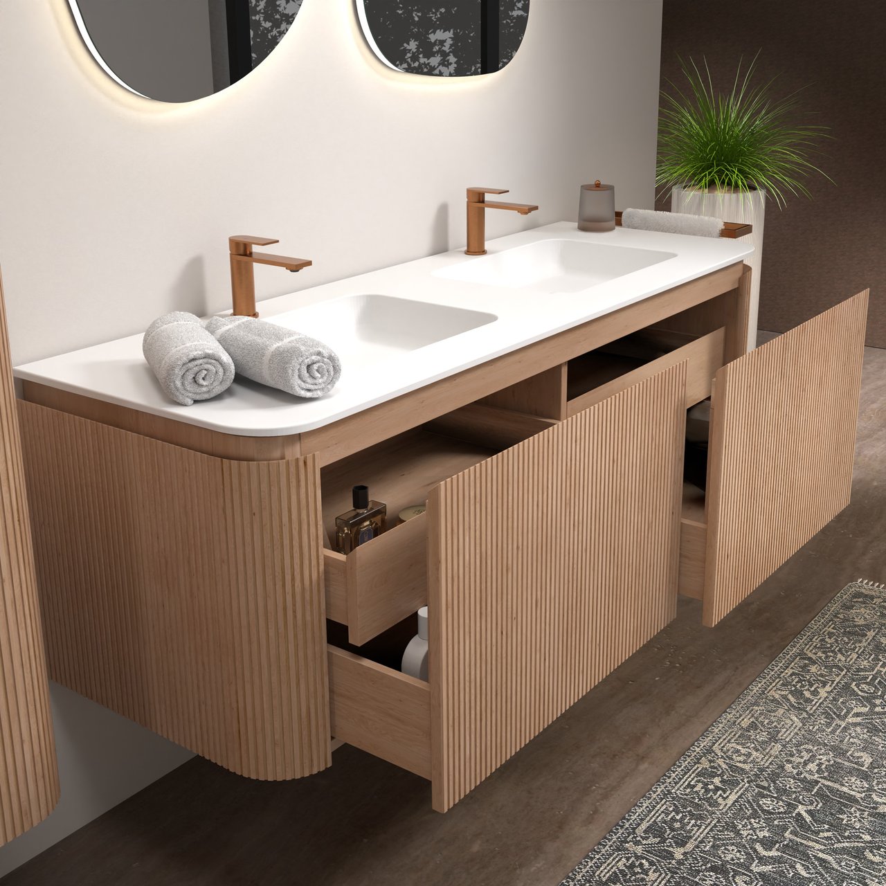 Balmani Moon meuble salle de bains suspendu 160 x 55 cm chêne naturel avec Moon double vasque en solid surface blanc mat, Nervure droite symétrique verticale