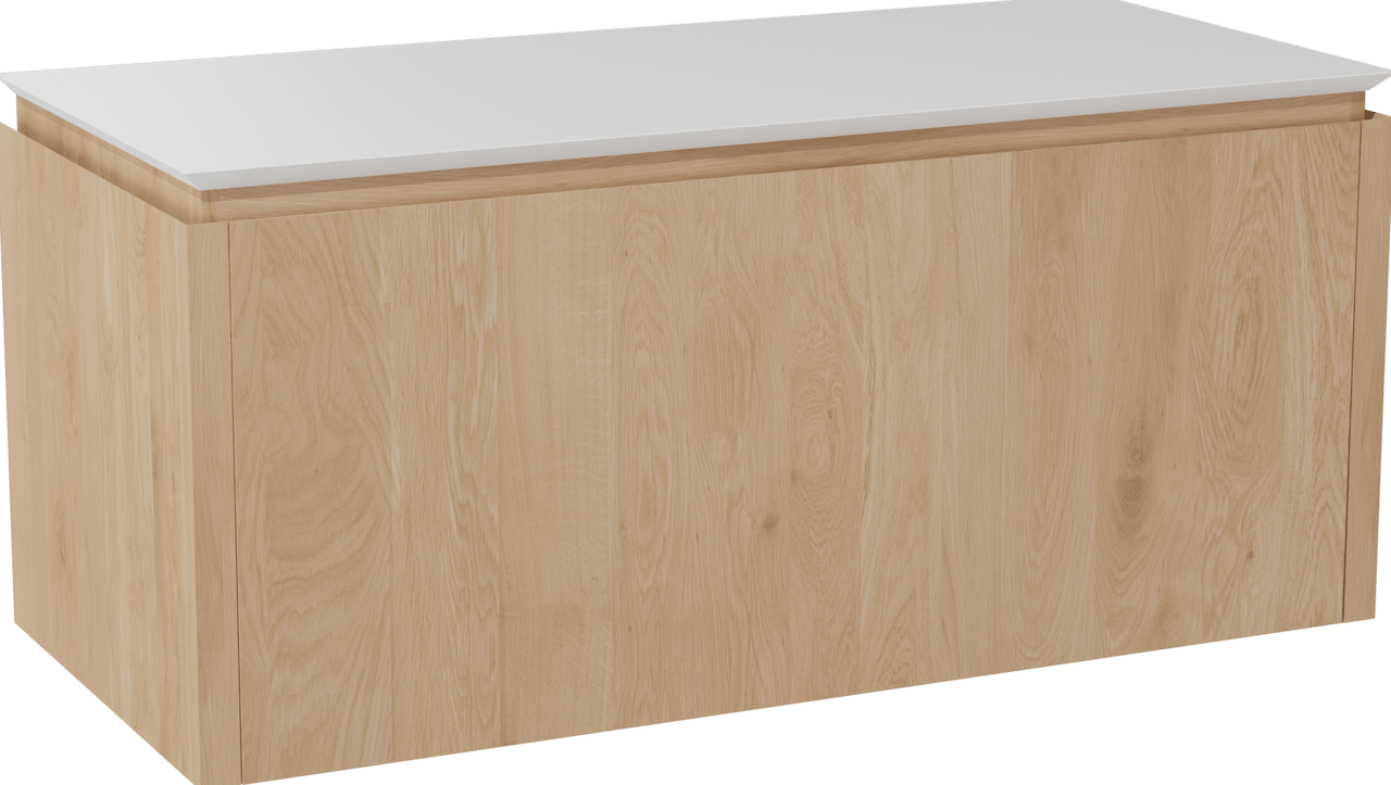 Balmani Eclips meuble salle de bains suspendu 120 x 55 cm Chêne naturelle avec Eclips tablette simple ou double vasque en Solid Surface blanc mat