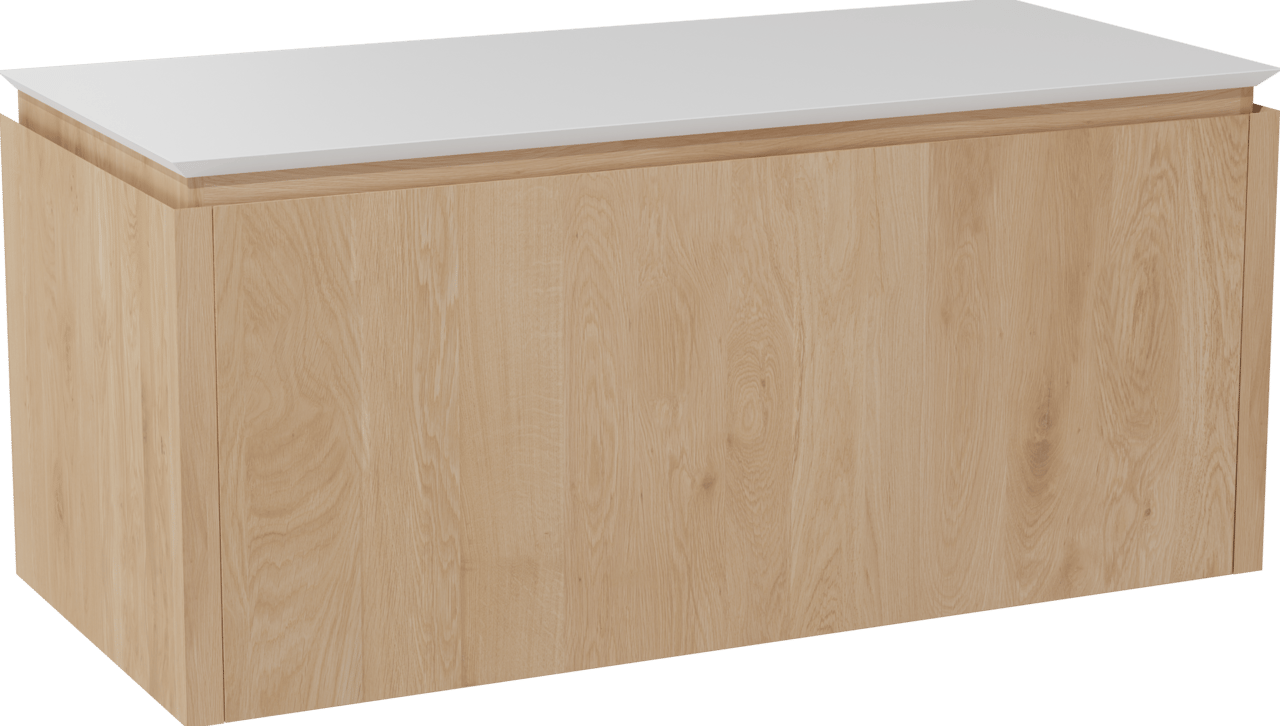 Balmani Eclips hängendes Möbelstück Set: 120 x 55 cm, Eiche Natur, mit Eclips Einzel- oder Doppel Waschtischplatte Solid Surface Weiβ matt