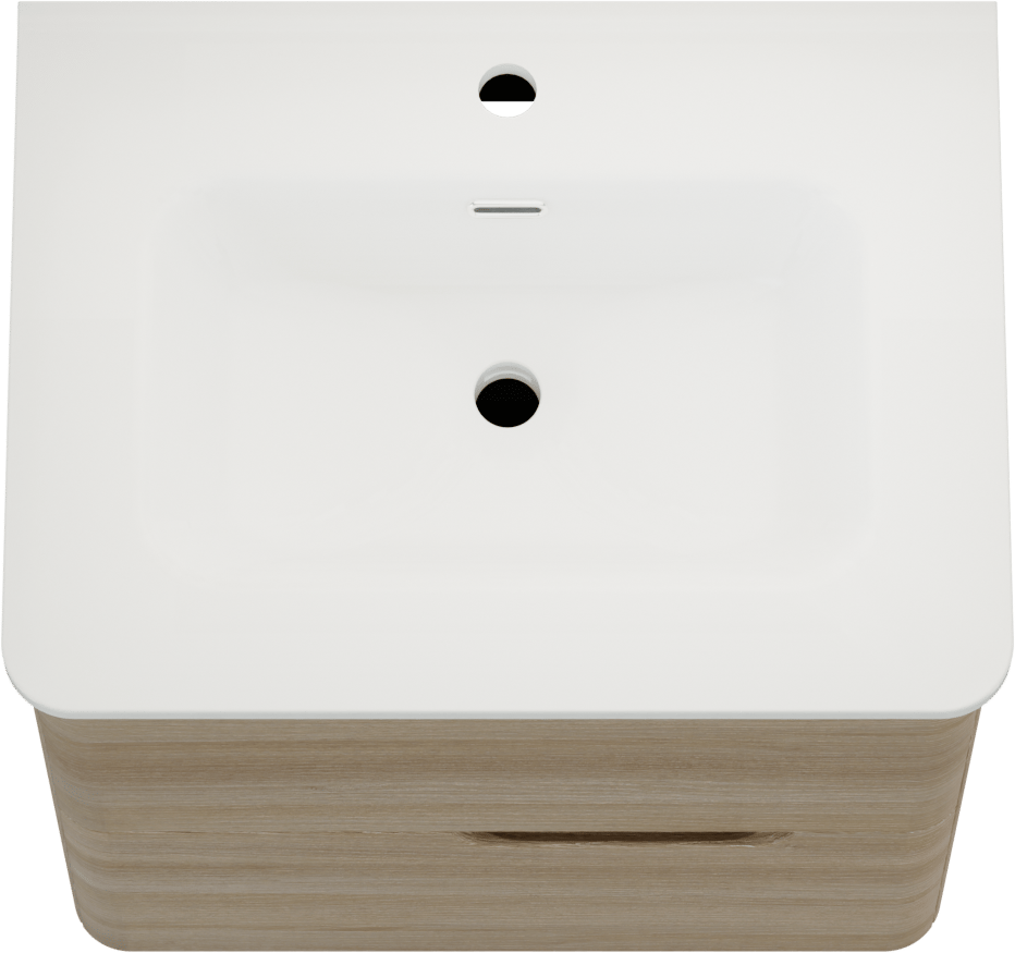 Linie Curvo zwevend badkamermeubel 60 x 46 cm lichte eik met Baro Curvo enkele wastafel in porcelein glanzend wit