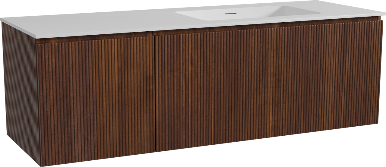 Storke Ribs meuble salle de bains suspendu 150 x 52 cm noyer avec Mata vasque asymétrique droite en solid surface blanc mat, Nervure droite symétrique verticale