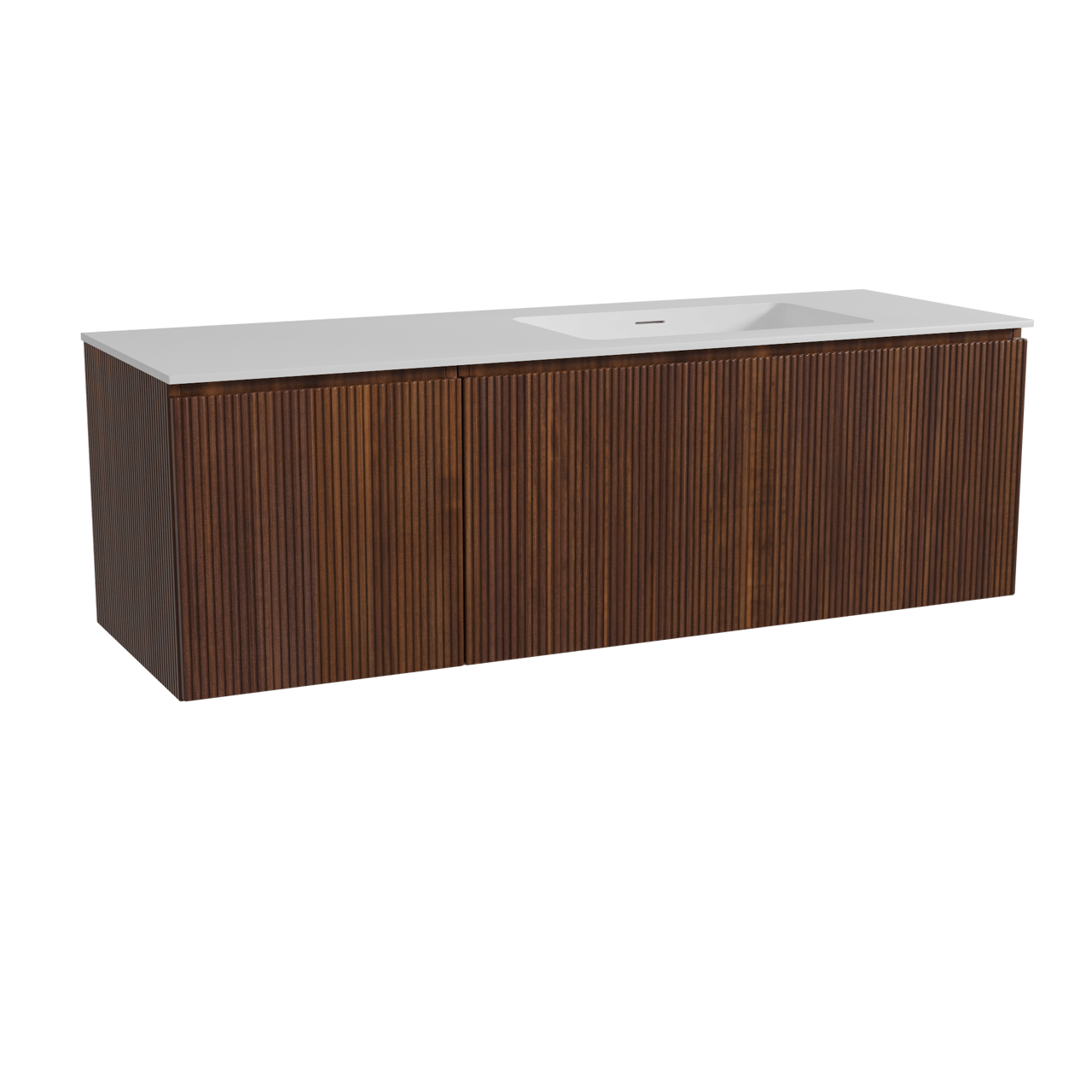 Storke Ribs meuble salle de bains suspendu 150 x 52 cm noyer avec Mata vasque asymétrique droite en solid surface blanc mat, Nervure droite symétrique verticale