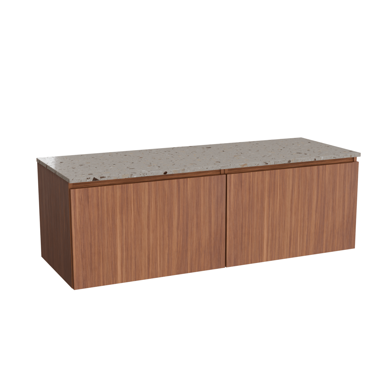 Balmani Sfera hängendes Möbelstück Set: 150 x 55 cm, Amerikanischer Nussbaum, mit Stretto Einzel- oder Doppel Waschtischplatte, Terrazzo in Greige