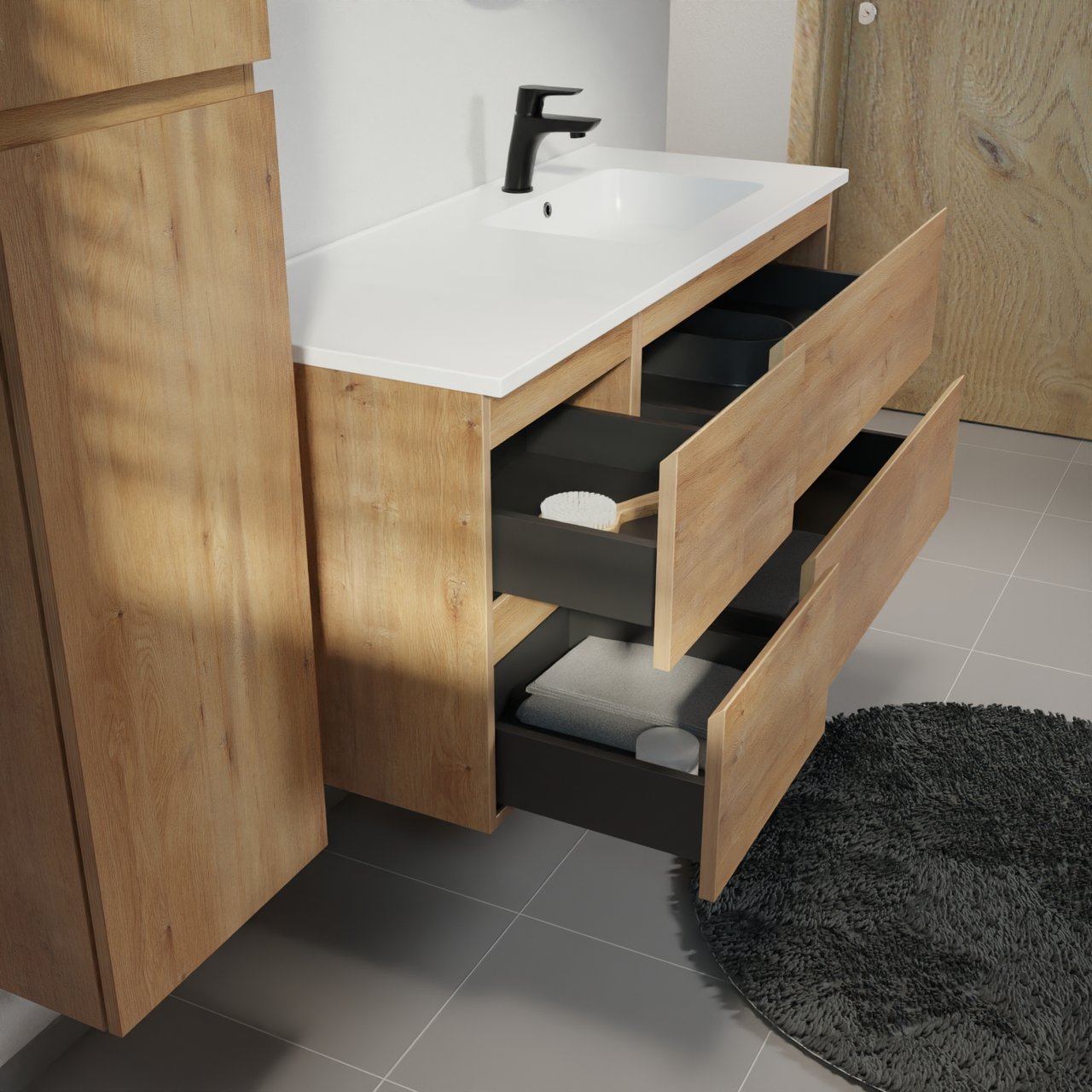 Linie Lado zwevend badkamermeubel 120 x 46 cm natuur eik met Vano asymmetrisch rechtse wastafel in composietmarmer mat wit