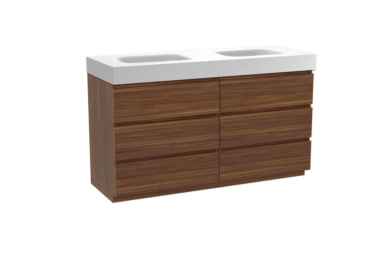 Balmani Lucida freistehendes Möbelstück Set: 150 x 55 cm, Amerikanischer Nussbaum, mit Arcato Doppelwaschtisch, Solid Surface Weiß matt