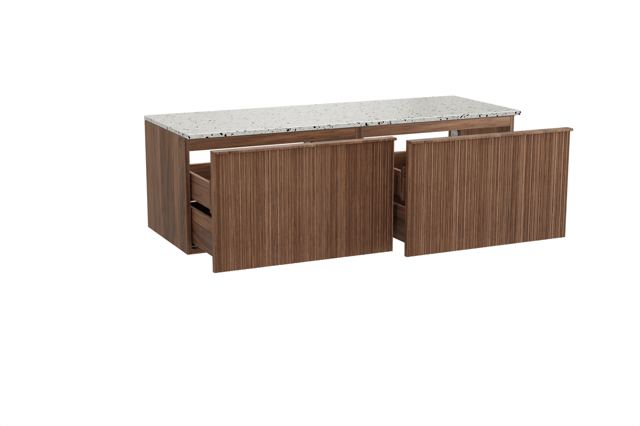 Balmani Forma zwevend badkamermeubel 150 x 55 cm amerikaanse notelaar met Stretto enkel of dubbel tablet in mat wit/zwart terrazzo, Verticale asymmetrische ronde ribbel