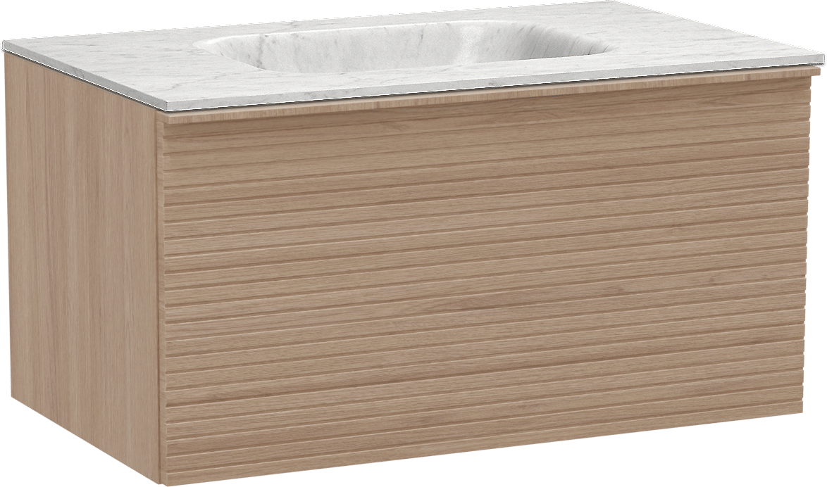 Balmani Forma zwevend badkamermeubel 90 x 55 cm natuur eik met Tablo Arcato enkele wastafel in marmer carrara, Horizontale symmetrische rechte ribbel
