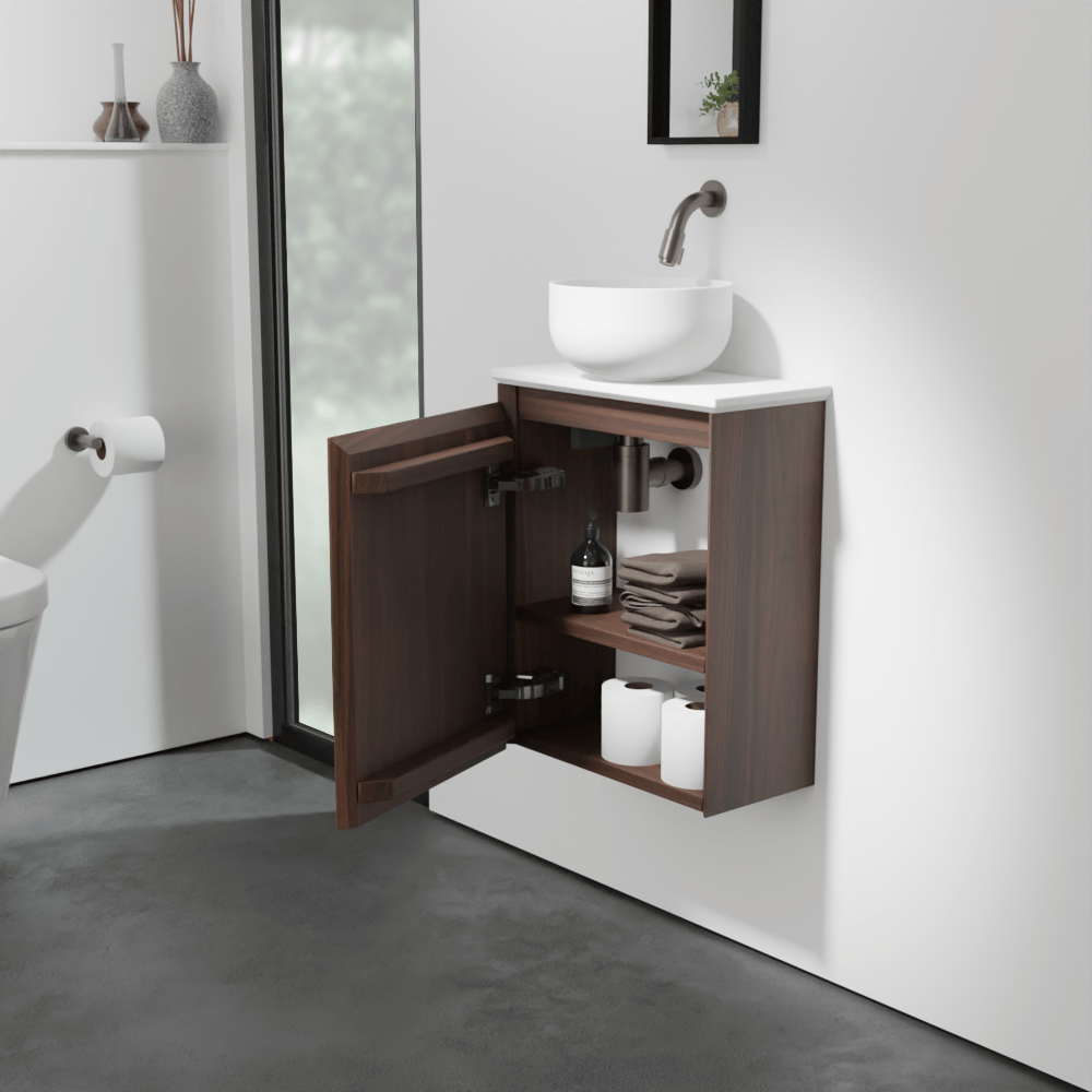 Balmani Mitra meuble wc suspendu 42 x 21 cm noyer américain avec Facetta tablette et Bowl vaque à poser en Solid Surface mat