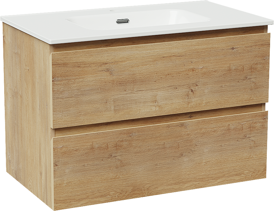 Linie Lado zwevend badmeubel 80 x 46 cm naturel eiken met Baro enkele wastafel in porselein hoogglans wit