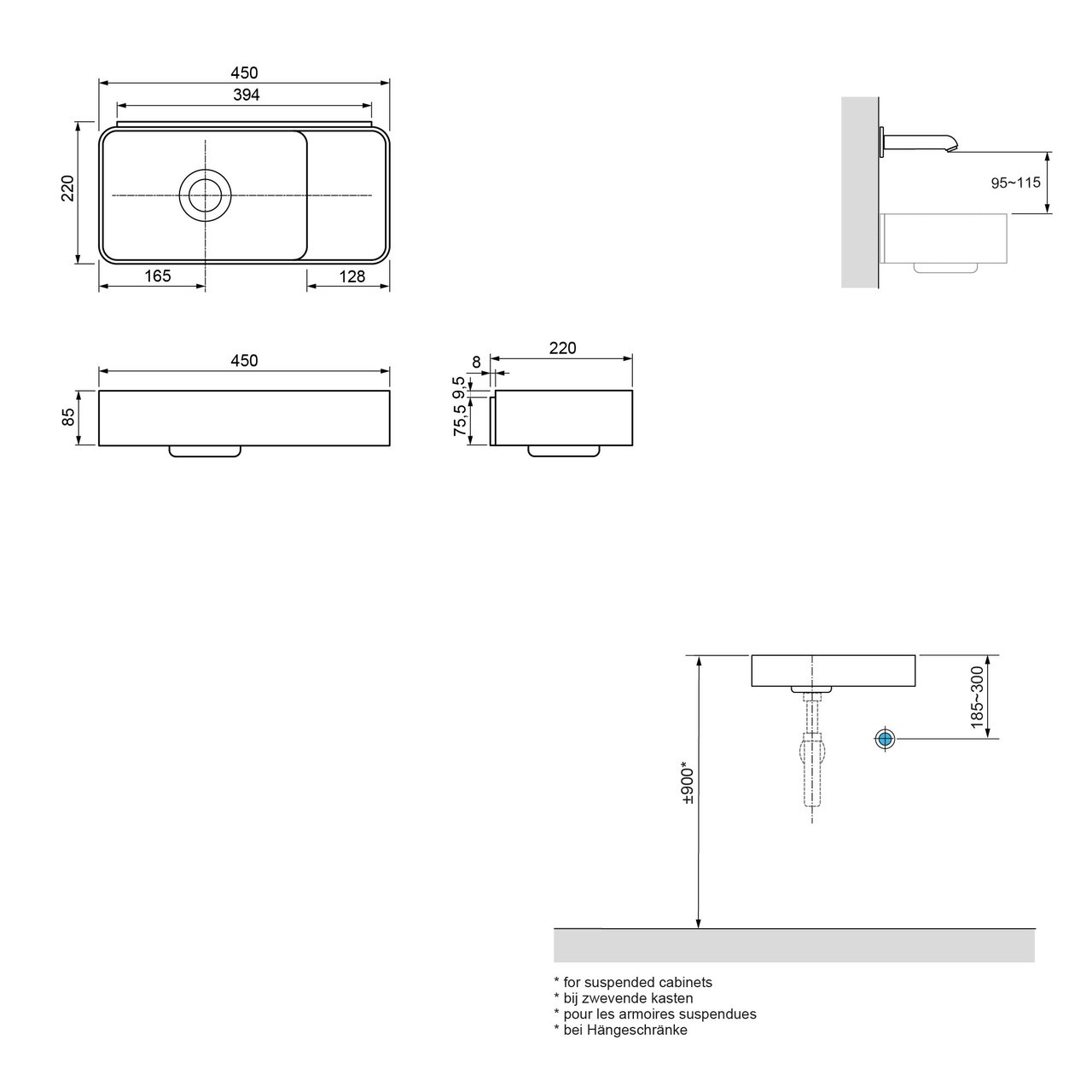 Balmani Fara zwevend toiletmeubel 45 x 22 cm amerikaans notenhout met Fara wastafel in matte Solid Surface