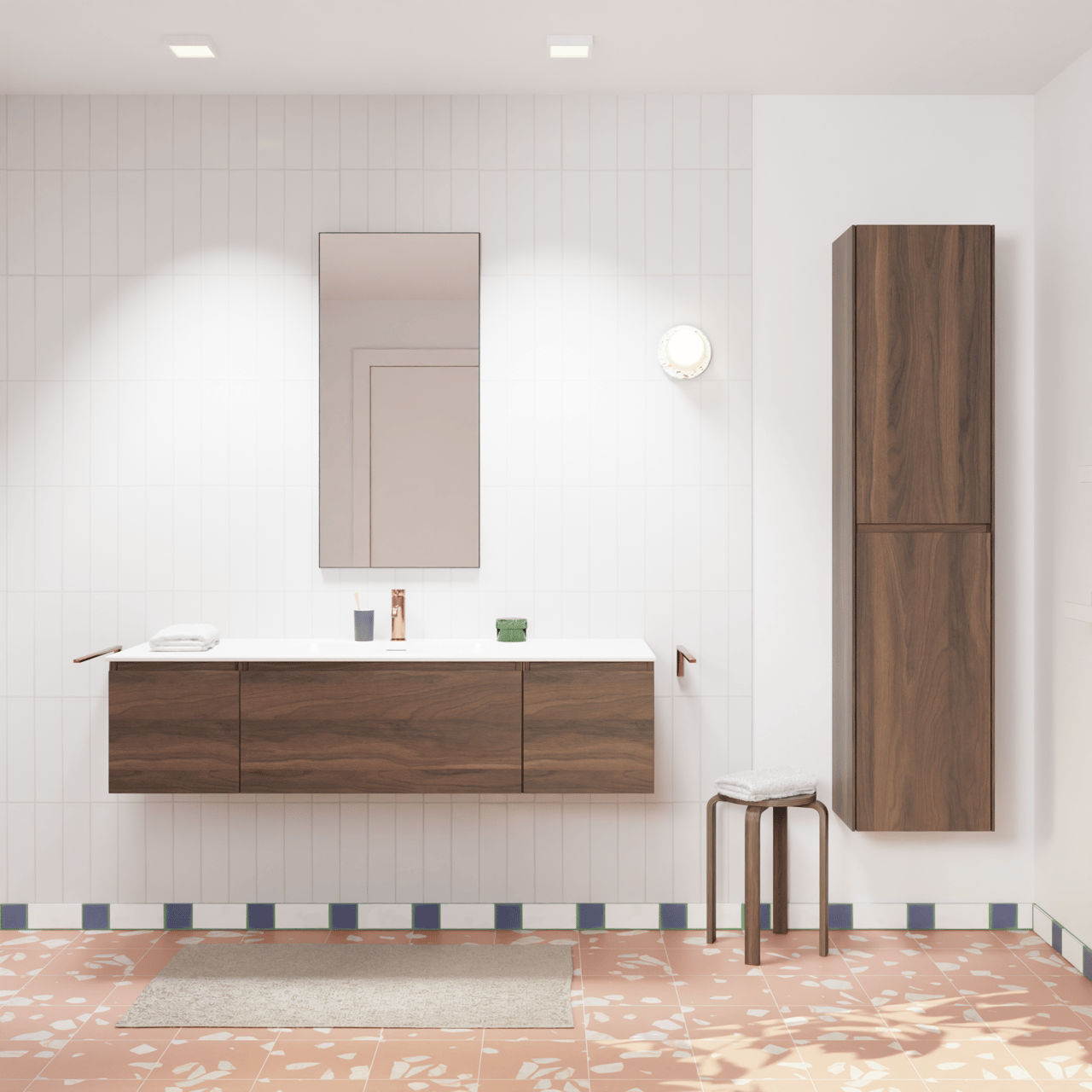 Storke Edge zwevend badmeubel 145 x 52 cm notenhout met Mata enkele wastafel in solid surface mat wit