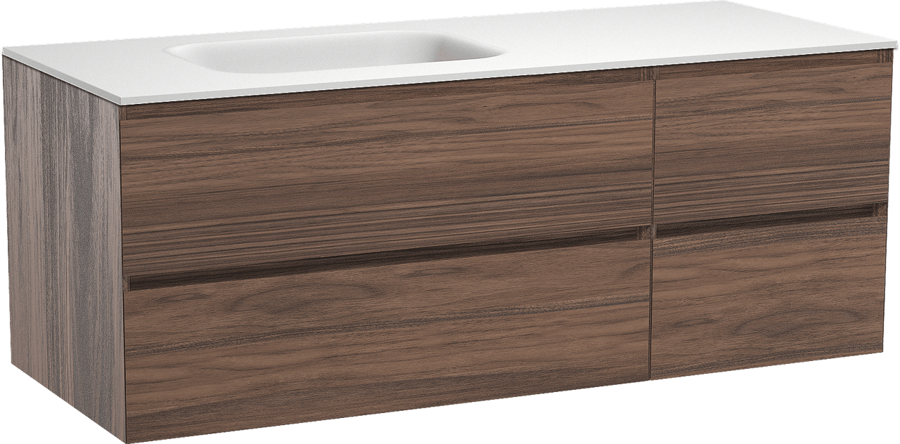 Balmani Mitra hängendes Möbelstück Set: 135 x 55 cm, Nussbaum, mit Tablo Arcato Waschtisch links, Solid Surface Weiß matt