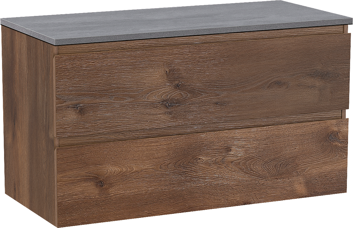 Linie Lado hängendes Möbelstück Set: 100 x 46 cm, Braune Eiche, mit Lado Einzel- oder Doppel Waschtischplatte, Melamin Beton dunkelgrau