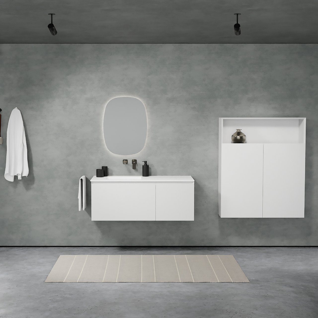 Balmani Idra meuble salle de bains suspendu 120 x 55 cm blanc mat avec Tablo Arcato plan vasque asymétrique à gauche en solid surface blanc mat