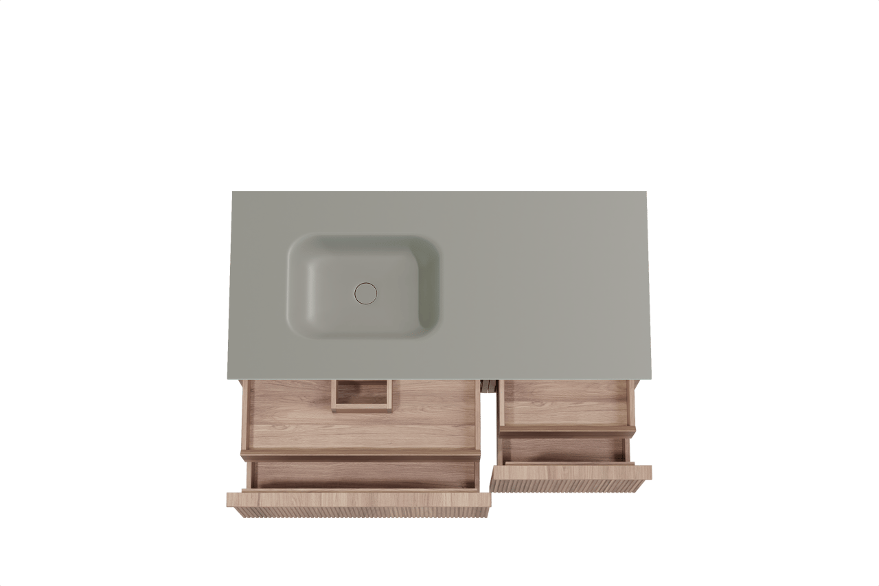 Balmani Forma zwevend badmeubel 120 x 55 cm teakhout met Tablo Arcato asymmetrisch linkse wastafel in solid surface steengrijs, Verticale symmetrische rechte ribbel