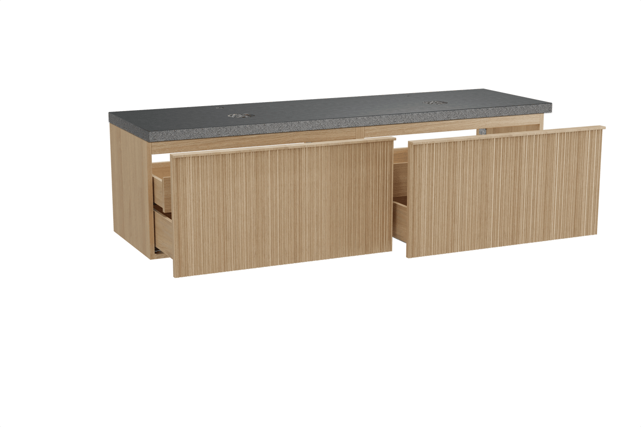 Balmani Forma zwevend badkamermeubel 180 x 55 cm natuur eik met Rock dubbel tablet in graniet zwart, Verticale asymmetrische ronde ribbel