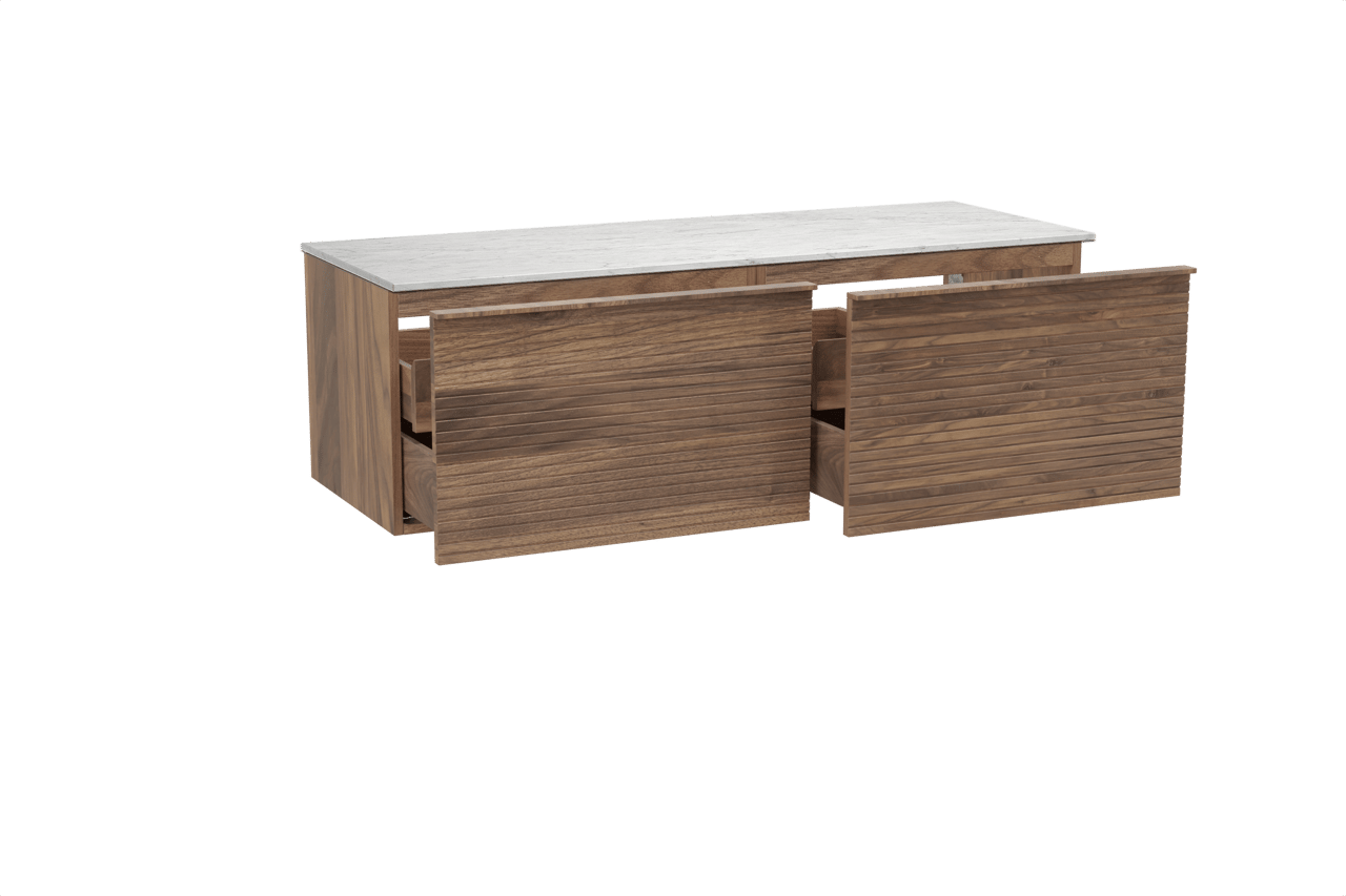 Balmani Forma meuble salle de bains suspendu 150 x 55 cm noyer américain avec Stretto tablette simple ou double en marbre carrare, Nervure droite symétrique horizontale