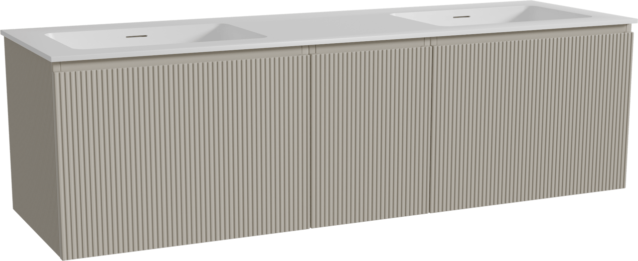 Storke Ribs meuble salle de bains suspendu 165 x 52 cm soie grise avec Mata double vasque en solid surface blanc mat, Nervure droite symétrique verticale