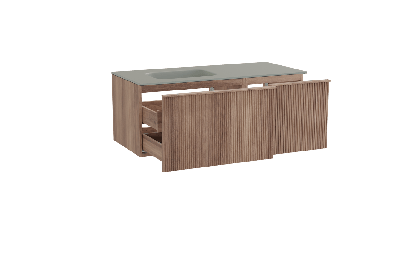 Balmani Forma zwevend badmeubel 120 x 55 cm teakhout met Tablo Arcato asymmetrisch linkse wastafel in solid surface steengrijs, Verticale symmetrische rechte ribbel