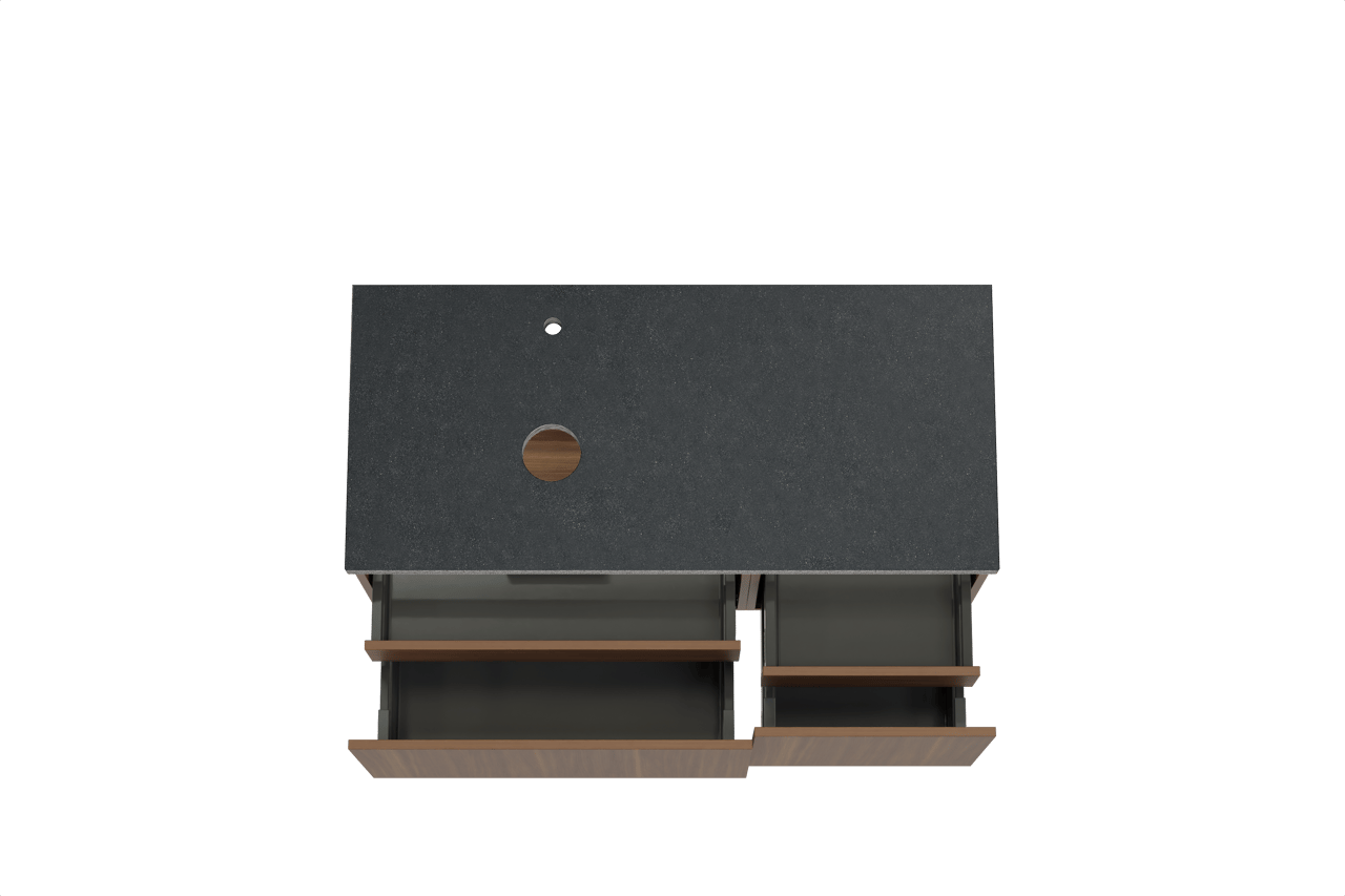 Balmani Sfera hängendes Möbelstück Set: 120 x 55 cm, Amerikanischer Nussbaum, mit Rock Waschtisch links, Schwarzes Granit
