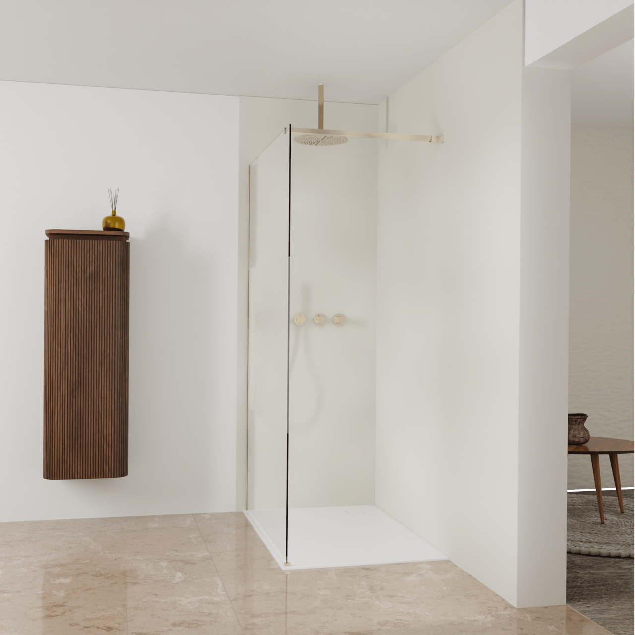 Balmani Modular Walk-In Dusche: 120 x 200 cm, Klarglas mit mattiertem Streifen, Profil Brushed Champagne Gold