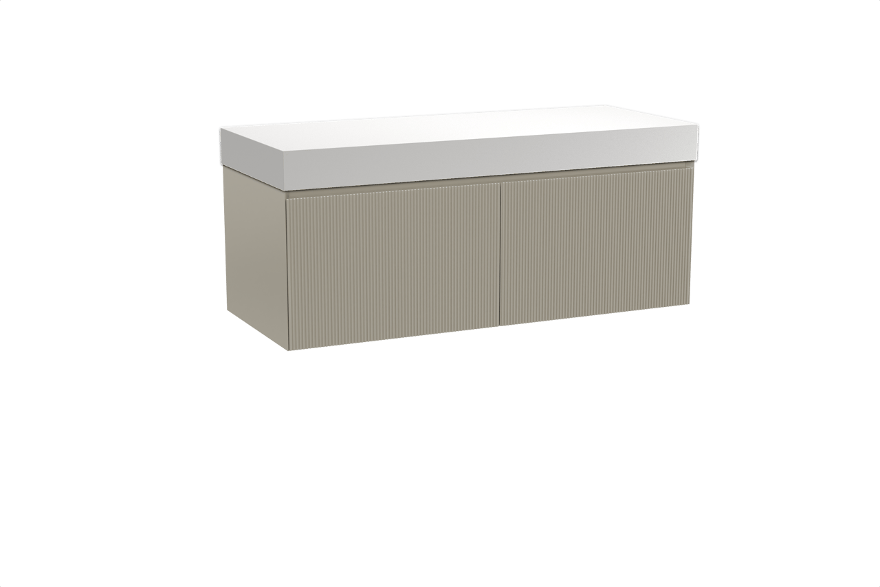 Balmani Fila meuble salle de bains suspendu 135 x 55 cm gris pierre avec Dominus tablette simple ou double en solid surface blanc mat, Nervure droite symétrique verticale