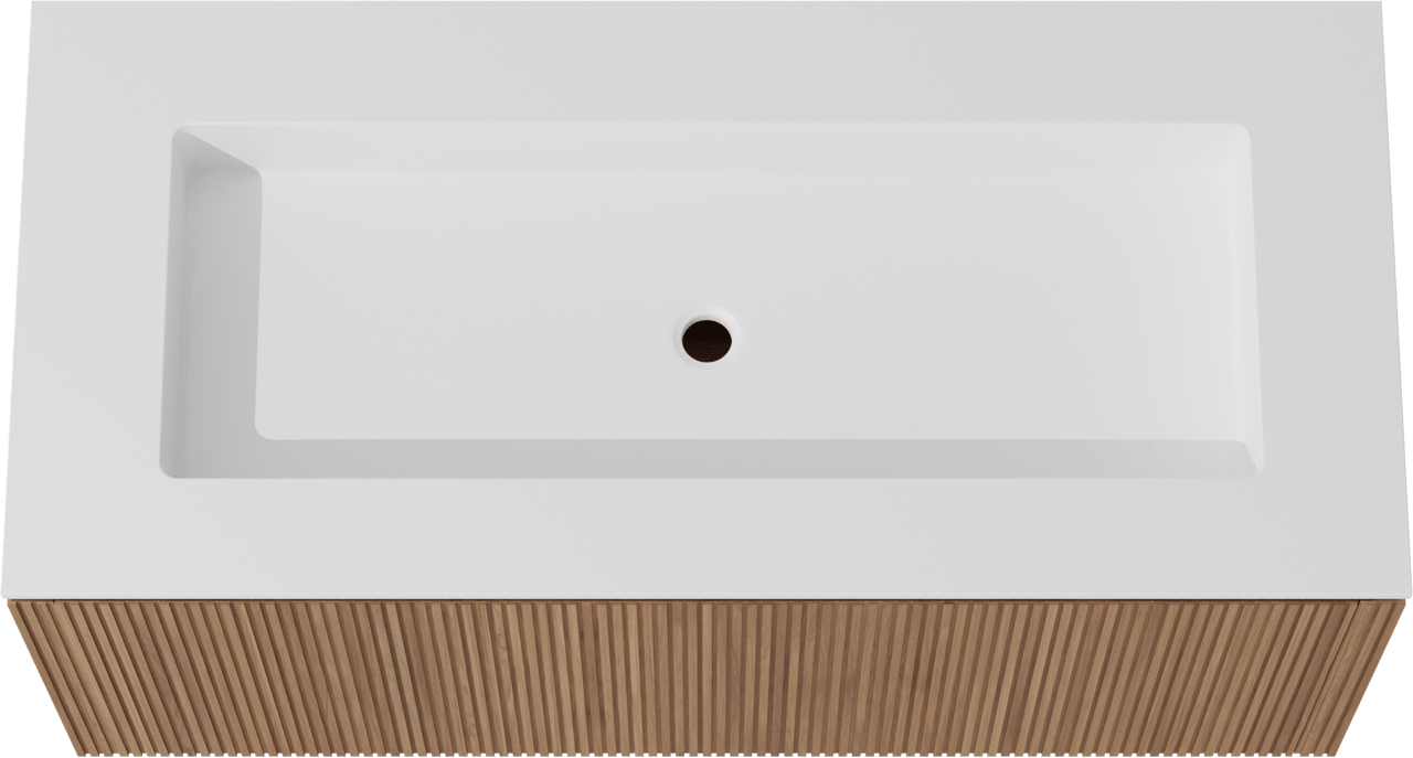 Balmani Eclips hängendes Möbelstück Set: 120 x 55 cm, Teak, mit Tablo Stretto Einzelwaschtisch mit 2 Bohrungen Solid Surface Weiβ matt, Vertikale symmetrische gerade Rippe